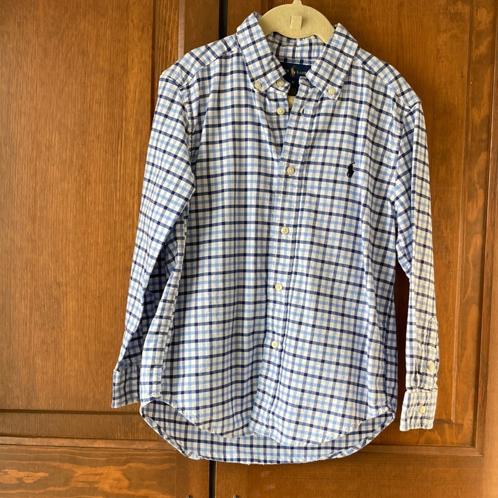 Ralph Lauren Boys’ Blue and White Plaid Long-Sleeve Button Down Shirt